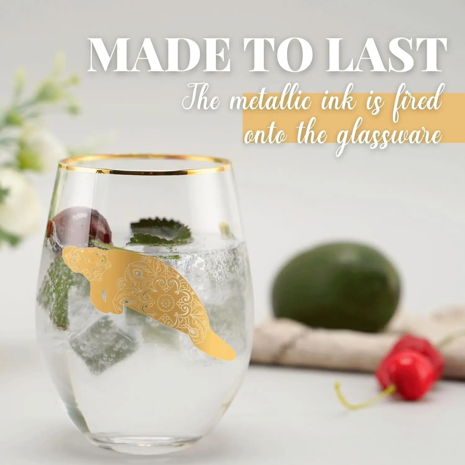 هدايا خروف البحر، هدايا عشاق المحيط، حيوانات ماندالا، كأس نبيذ بدون جذع سعة 17 أونصة مع نمط ختم الرقائق المعدنية