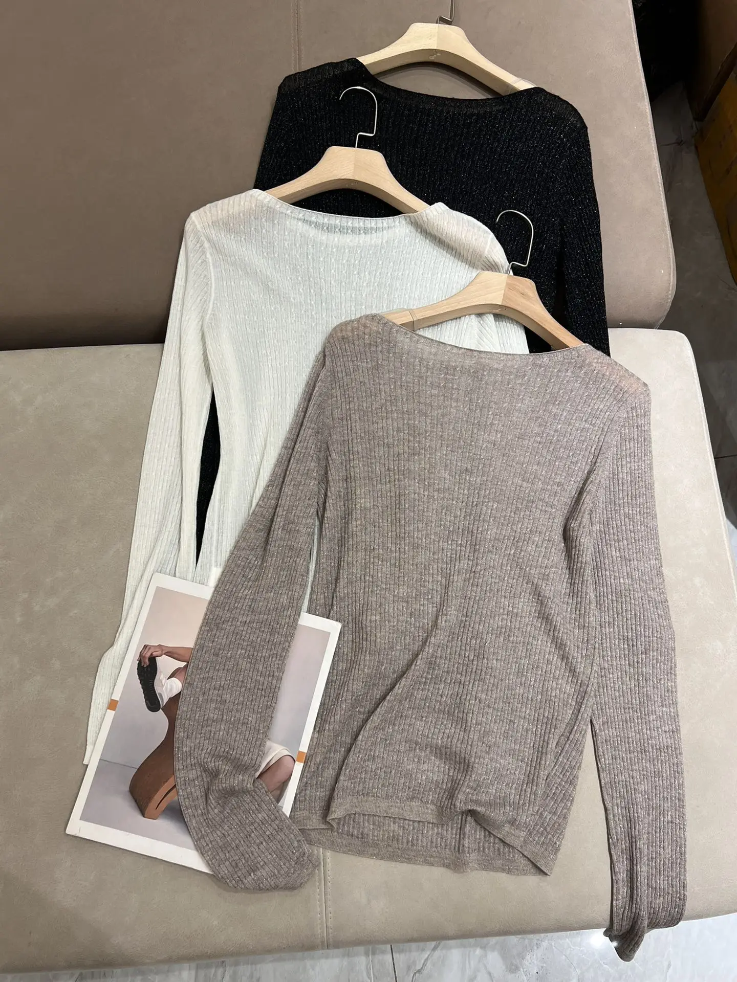 Autumn 2024 B*C Women\'s Ultra-thin Wool Bottoming Shirt Long-Sleeved Knitted Sweater Sparkling Pullover