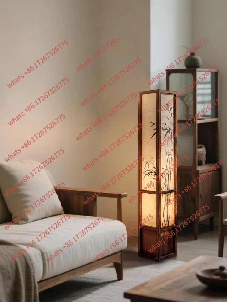 A  Aesthetic vertical painted bamboo leaf solid wood floor lamp living room tea room sofa