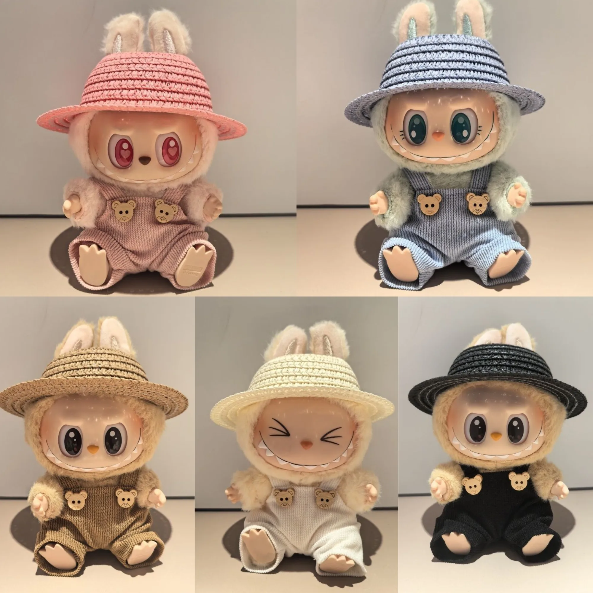 

Labubu 1-3 Gen Doll Outfits Multi-Color Straw Hat Overalls Shoes Set High-Energy Sitting Party Clothes for Labubu Plush Pendants