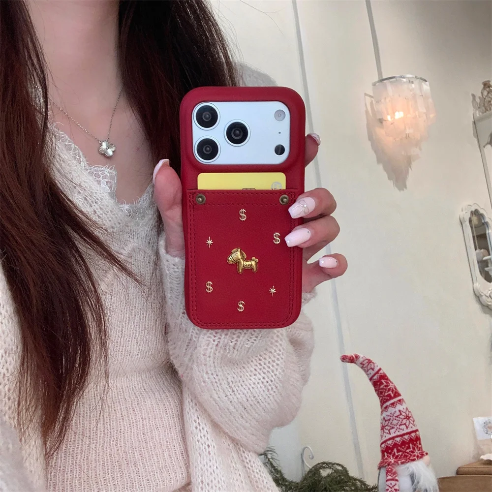 

Cute Metal 3D Pony with Card Holder Red Leather Phone Case for iPhone 17 Pro 15 14 13 12 16 Pro Max Cover Fashion Cases Fundas