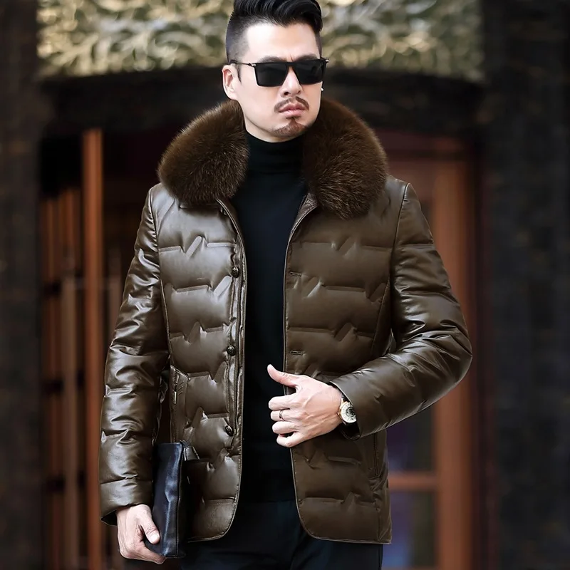 New Winter Men\'s White Duck Down Coat Leather Jacket Men Fashion Lapel Thick Business Casual Warm Male Fur Collar Outerwear