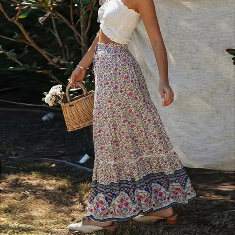 

TEELYNN Elastic waist maxi skirt women loose casual vintage beige floral print cotton summer skirts 2020 beach boho long falda