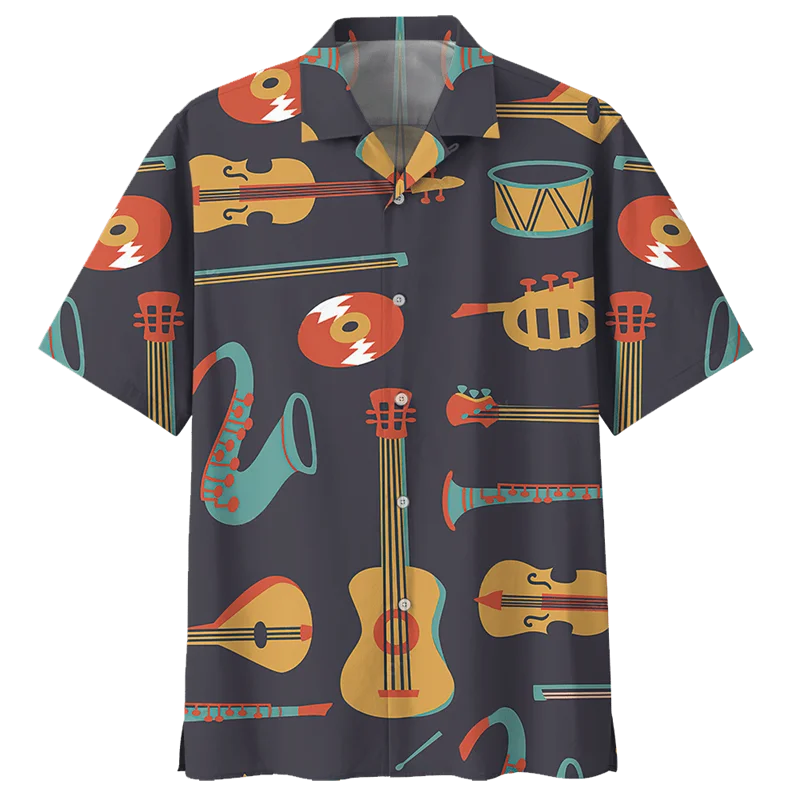 Hawaiian Saxophone Guitar Pattern Shirt For Men 3D Printed Musical Instrument Blouse Loose Lapel Short Sleeve Button  Shirts