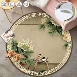 Classical Round Oriental Carpet Flower Bird Art Large Area Rugs for Living Room Bedroom Decoration Non-slip Floor Mats Washable
