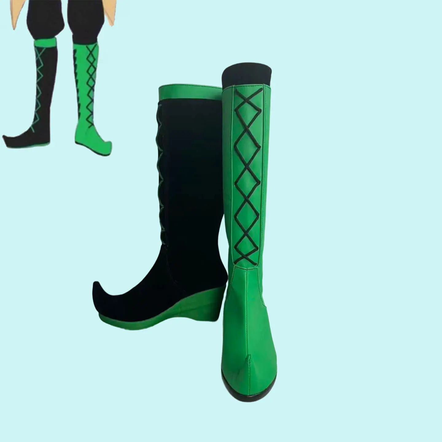 Jester Harlequin Cosplay Shoes Handmade Green Black Faux Leather Boots Halloween Carnival Boots Custom Made