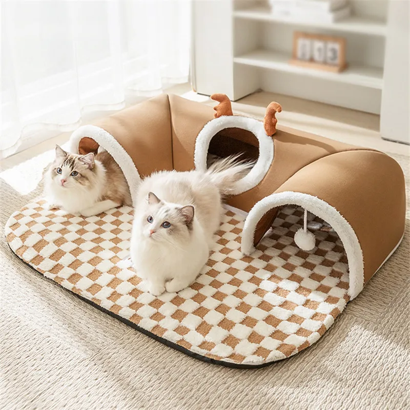

Luxury 2 in 1 Cat Tunnel Nest House Pet Bed Cat Dog Shelter and Tunnel Doghouse Autumn Winter Mat Pet Cat Bed Cave