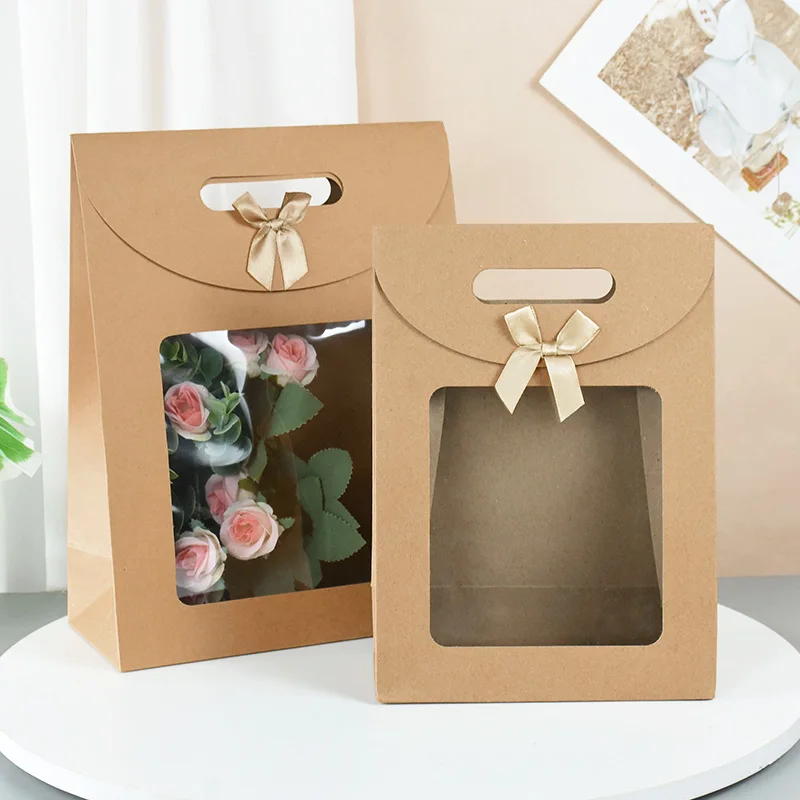 

Kraft Paper Gift Bags With Clear PVC Window Cookie Candy Storage Packaging Box Wedding Birthday Ramadan Kareem Home Decorations