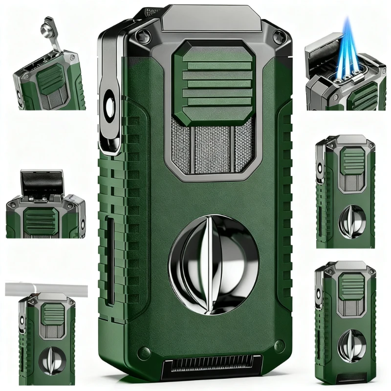 

Three-jet Flame Direct Injection Cigar Lighter:with Built-in V-shaped Cigar Cutter, Portable Five-in-one, Practical Smoking Tool