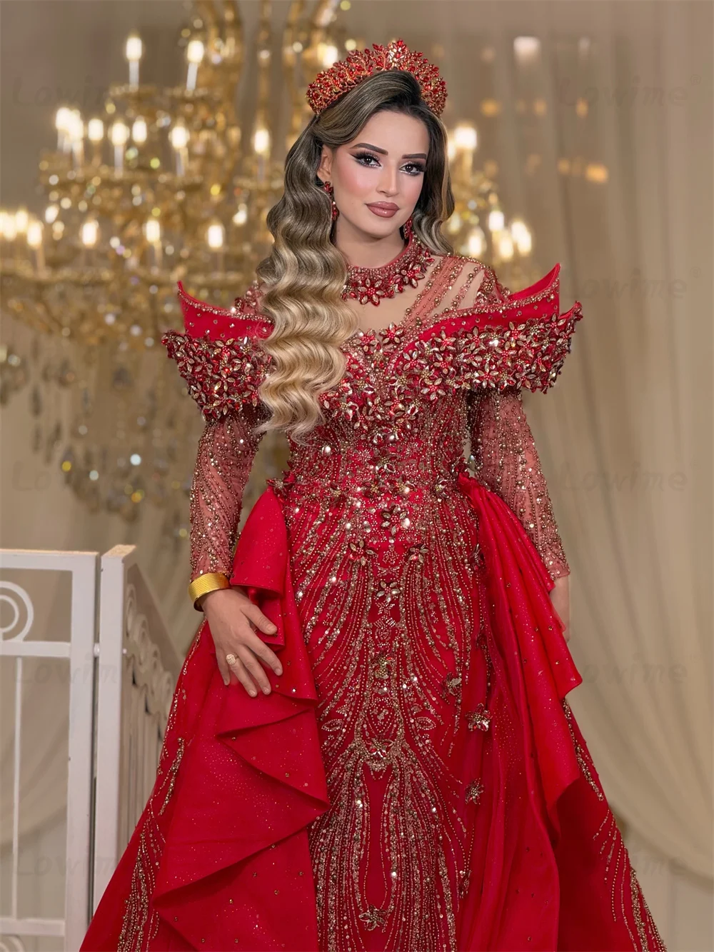 Rotes Langarm-Abendkleid aus Dubai mit Überrock, Perlenstickerei, Brautpartykleid, maßgeschneidertes Abendkleid, Vestidos De Fiesta