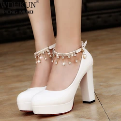 Women Wedding Shoes Crystal Ankle Strap Pumps White Dress Shoes Medium Heels Bridal Shoes Platform Designers Shoes