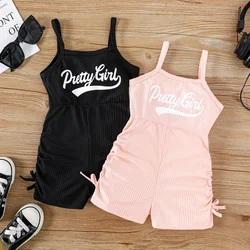 PatPat Toddler Girl Letter Print Drawstring Ruched Side Ribbed Cami Romper Suitable for Summer Season Perfect for Outings