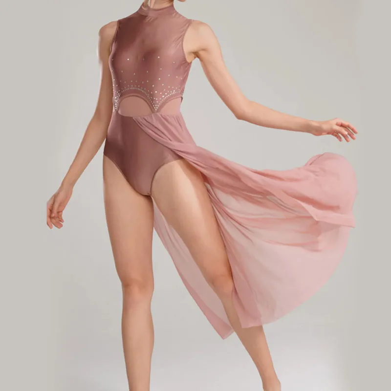 

Women Contemporary Lyrical Dance Dress Ballet Gymnastic Leotard Dress Rhinestone Split Stage Performance Dancewear Costume