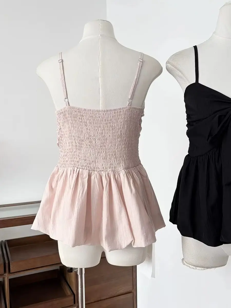 Bow Tie Camisole Top for Women Summer New Fashion Sweet Alluring A-line Hem Cinched Waist Going-Out Blouse Casual Elegant