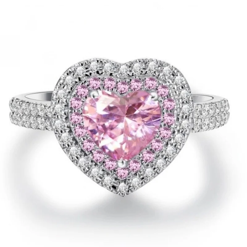 

Luxury Pink Micro Zircon Heart Shaped Ring For Women Exquisite Silver Color Metal Young Girls Party Jewelry Size 6-11