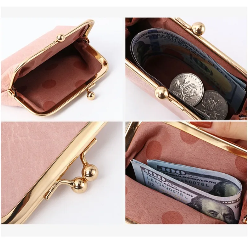 กระเป๋าเก็บของวินเทจบัตรเครดิตขนาดเล็กกระเป๋าสตางค์กระเป๋าสตางค์สตรีสุภาพสตรีขนาดกะทัดรัดหนังกระเป๋าเงินเหรียญวินเทจพร้อมซิปและKiss Lock