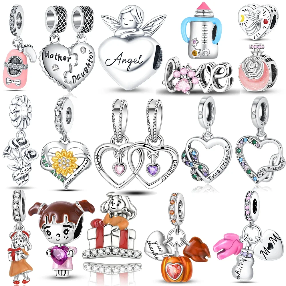 925 Silver Charms Purple Love Heart Zircon Mother's Day Girls Gift Box Feeding-bottle Beads Fit Bracelet Women Jewelry Diy