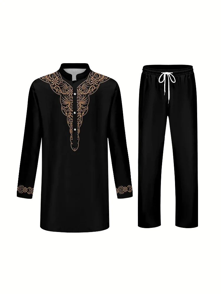 Mens Suit Long Sleeve Blouson Collar Shirt and Trousers Elegant and Noble 3D Printed Two Piece Set Islam Muslim Style Clothing