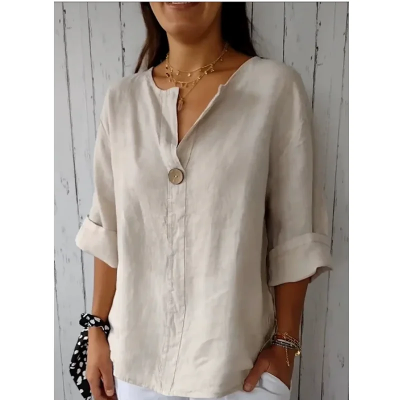 Plus Size Women's V-Neck Cotton Linen Button Top Loose Shirt Casual Shirt&Blouses Solid Fashion Elegant Office Womens Clothing view 3