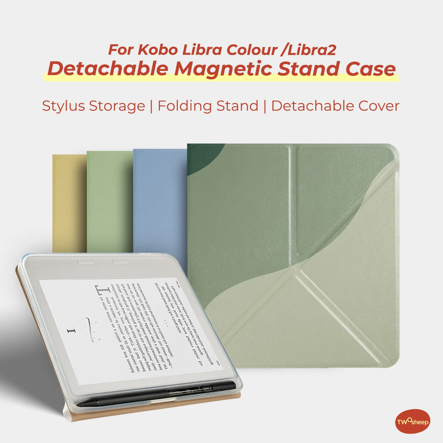Twosheep Simple Solid Color Detachable Magnetic Case suit for Kobo Libra Colour Kobo Libra2 Pen Holder Stand Cover Slim Shell