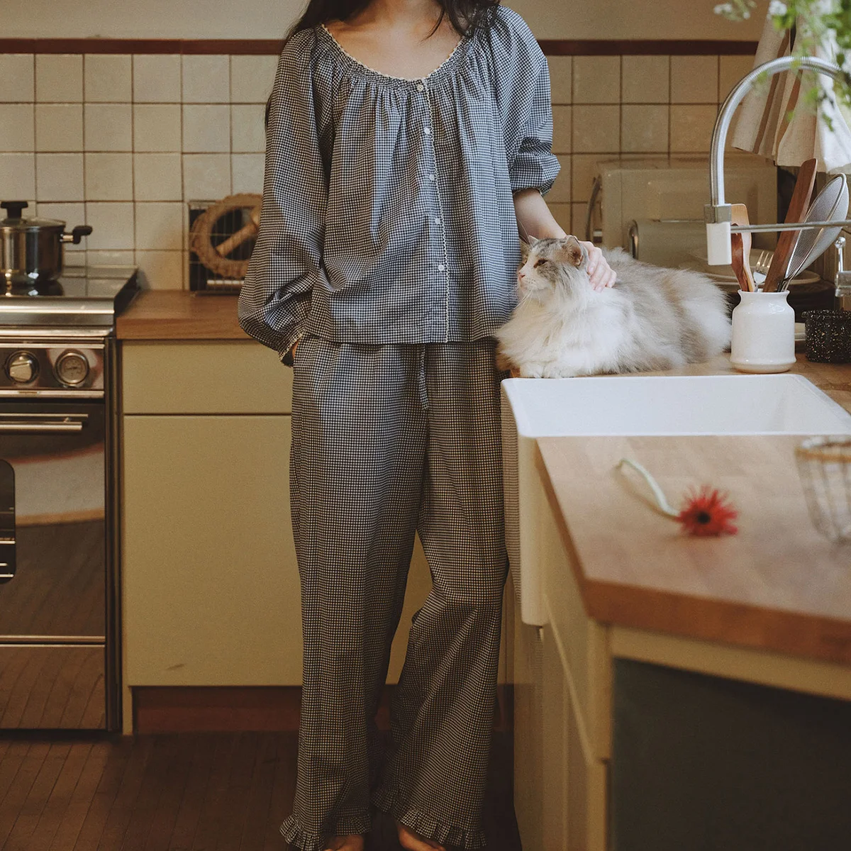 Women Japan Sleepwear 100% Cotton Soft Blue Autumn Winter Cute Pajamas with Small Floral Plaid French Home Suit Two Piece Set
