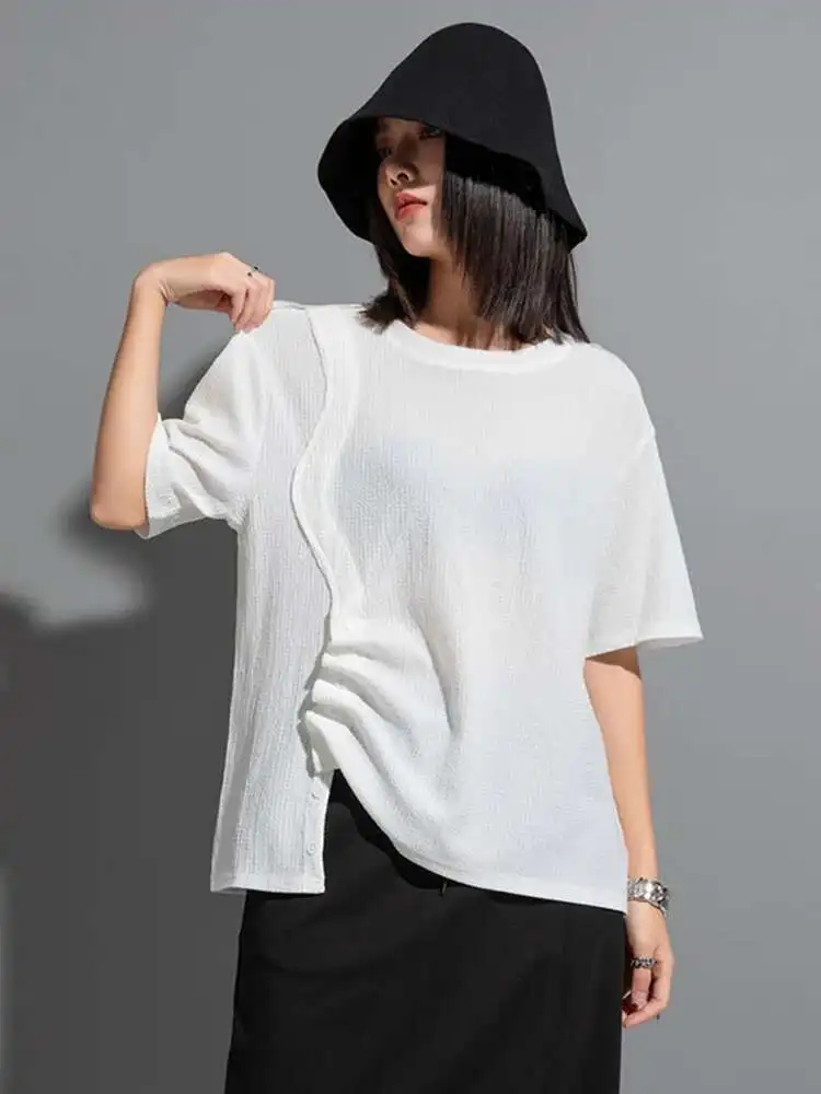 Women White Irregular Pleated Big Size Casual T-shirt New Round Neck Short Sleeve Fashion Tide Spring Summer