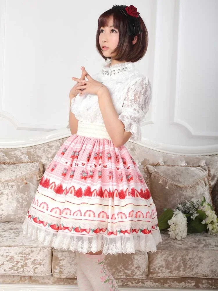 Japanese Girl Sweet Cute Pink A-line Skirt Lady Lolita Strawberry Printed Lace Pleated Knee Length Short Skirt Women Y2k Skirts