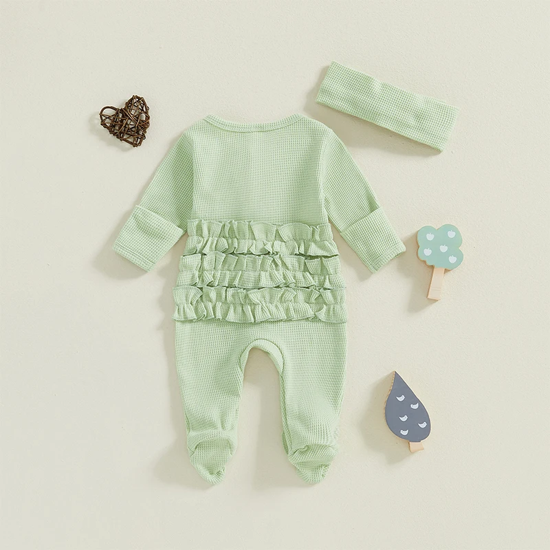 Baby Girl Fall Outfit Ruffle Trim Long Sleeve Full Length Zipper Footed Romper Bow Headband image 4