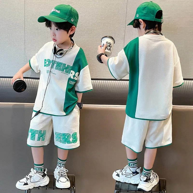 2026 summer boys set Clothes suit teenager letters splicing t-shirt + thin shorts pant 4 6 8 10 11 12 year tracksuit Casual