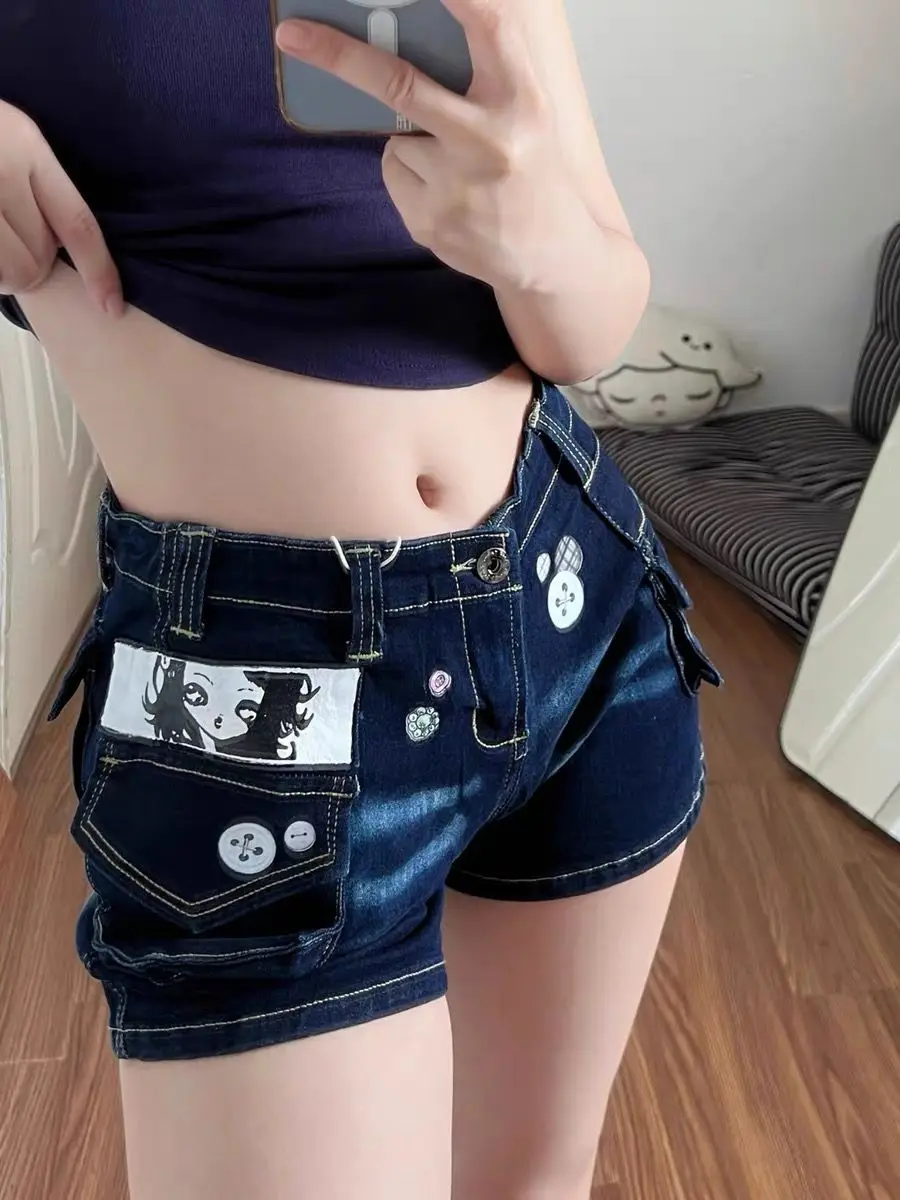 Y2K Fashion Printing Vintage Button Women Low Waist Shorts New Blue Simple Slim Casual Street Washed Female Hot Denim Shorts