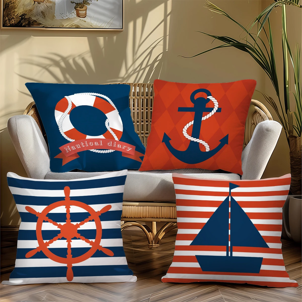 4pc Nautical Themed Throw Pillow Covers Boat Anchor Ship Wheel Sailor Decorative Pillowcases for Sofa Bedroom Living Room