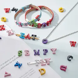 A-Z 컬러풀 하프 라인스톤 슬라이드 레터 참, 실리콘 팔찌 만들기, 여성 아이 선물 쥬얼리, DIY 애완 동물 칼라 키체인, 8mm
