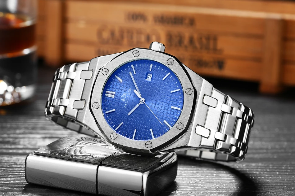 Men Automatic Self Wind Mechanical Stainless Steel Strap Business Blue Rose Gold Yellow Gold Fashion Watch