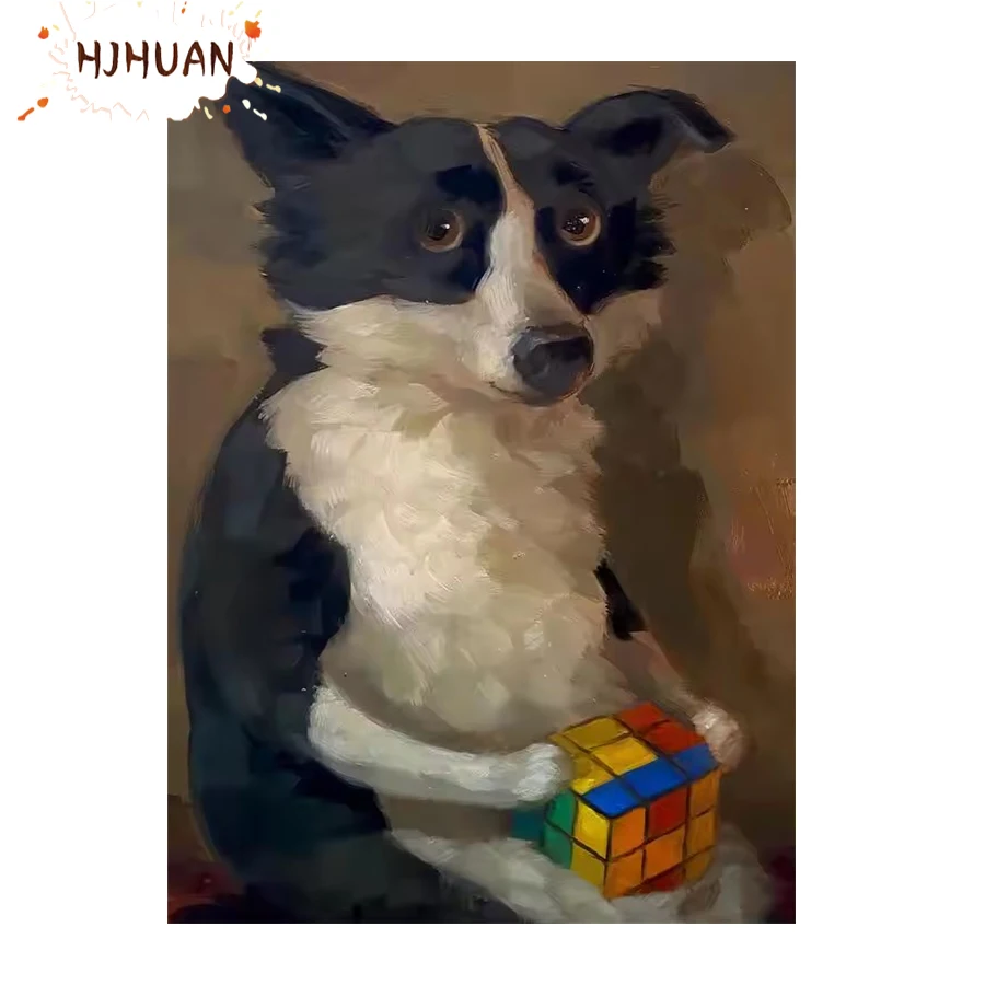 

Полная квадратная алмазная вышивка, животное, собака играет с кубиком Рубика, алмазная живопись «сделай сам», вышивка крестиком, дрель, настенное искусство, фотографии