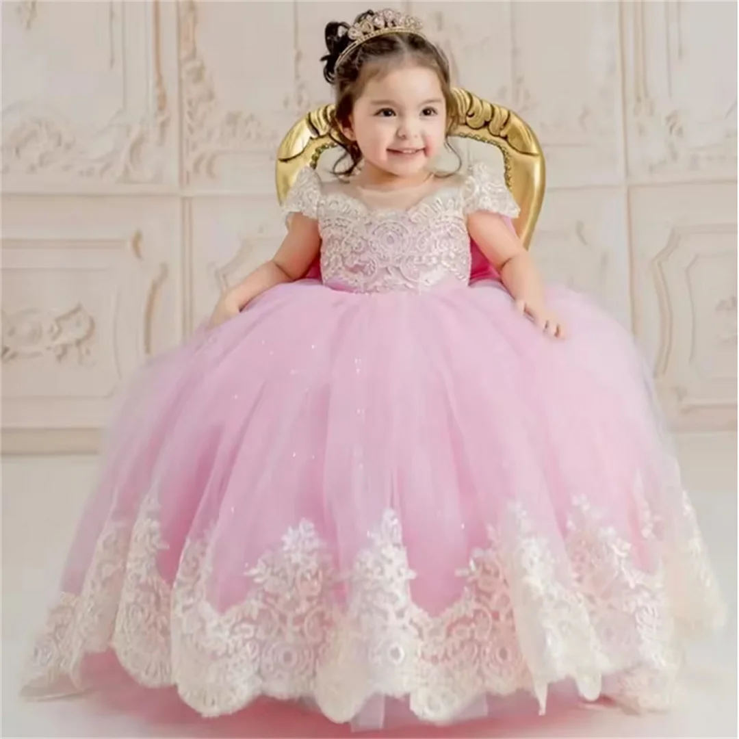 

Индивидуальные платья для девочек-цветочниц, розовый тюль, золотые аппликации с бантом и коротким рукавом для свадьбы, дня рождения, платье для святого причастия