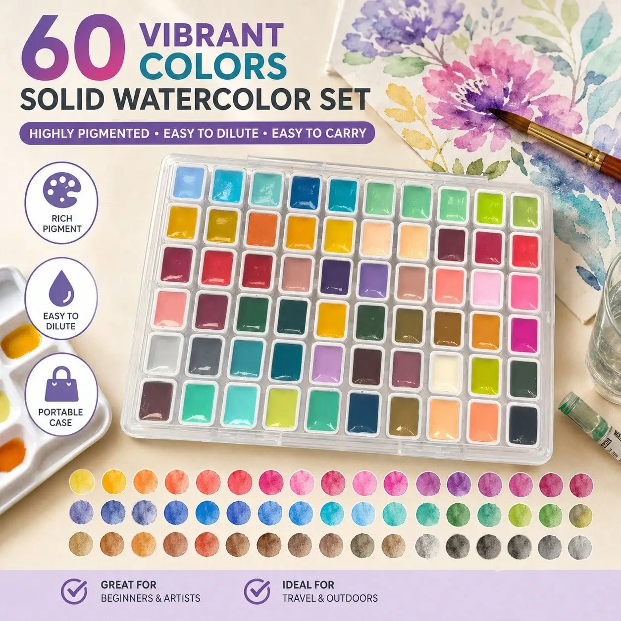 High Quality 60 Colors Granulating Watercolor Pigment Set 1ml Transparent Professional Art Supplies for Artist Drawing