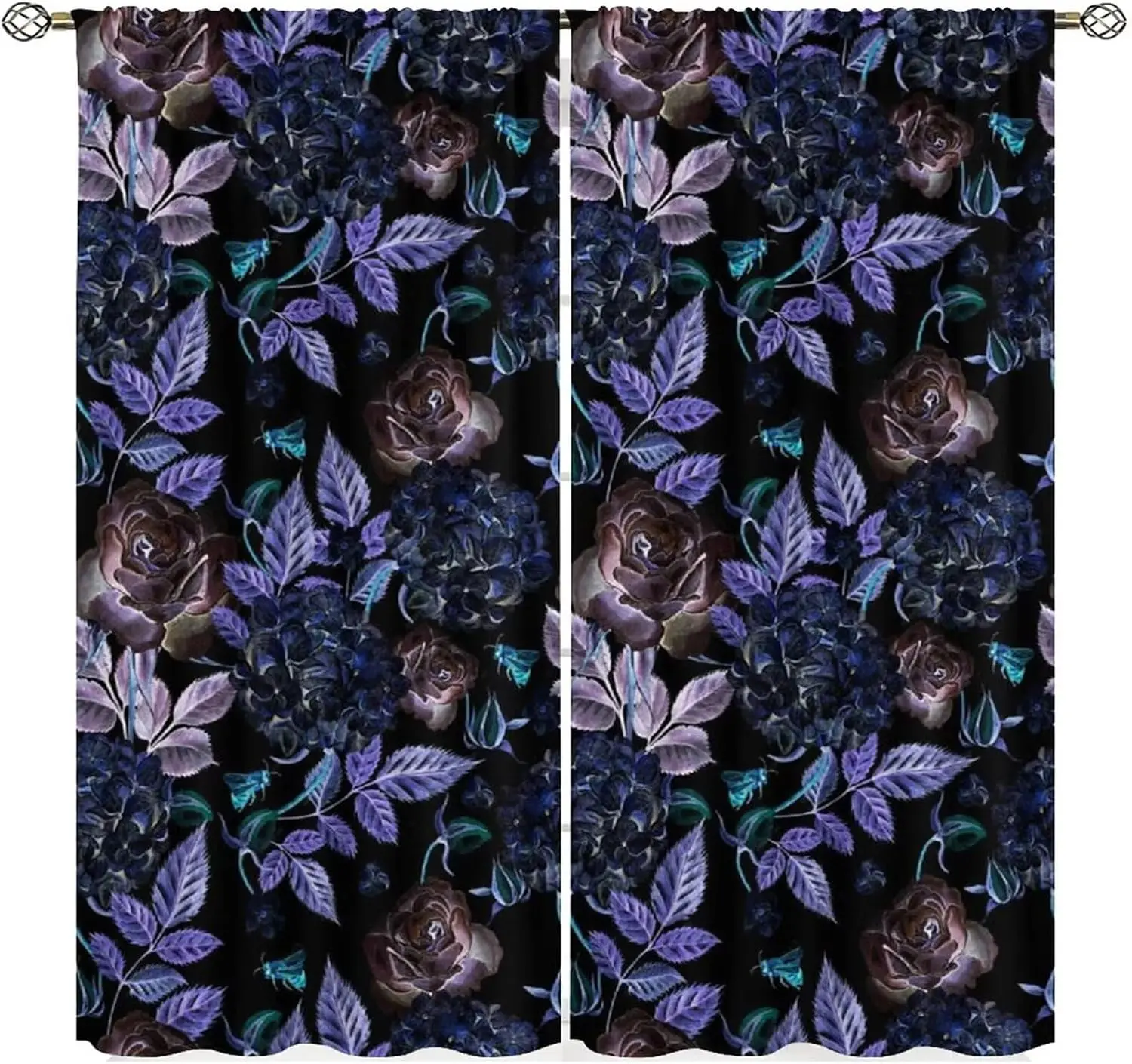 

Gothic Flower Curtains Retro Goth Horror Floral Window Treatments Rustic Black Purple Floral Drapes for Bedroom Kitchen Living