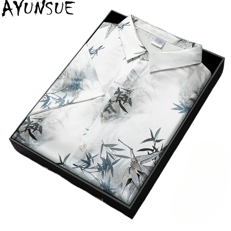 

AYUNSUE 92% Real Mulberry Silk 8% Spandex Shirt Men Clothing 2026 Summer Casual Smooth Satin Tops Casual Short Sleeve Shirts New