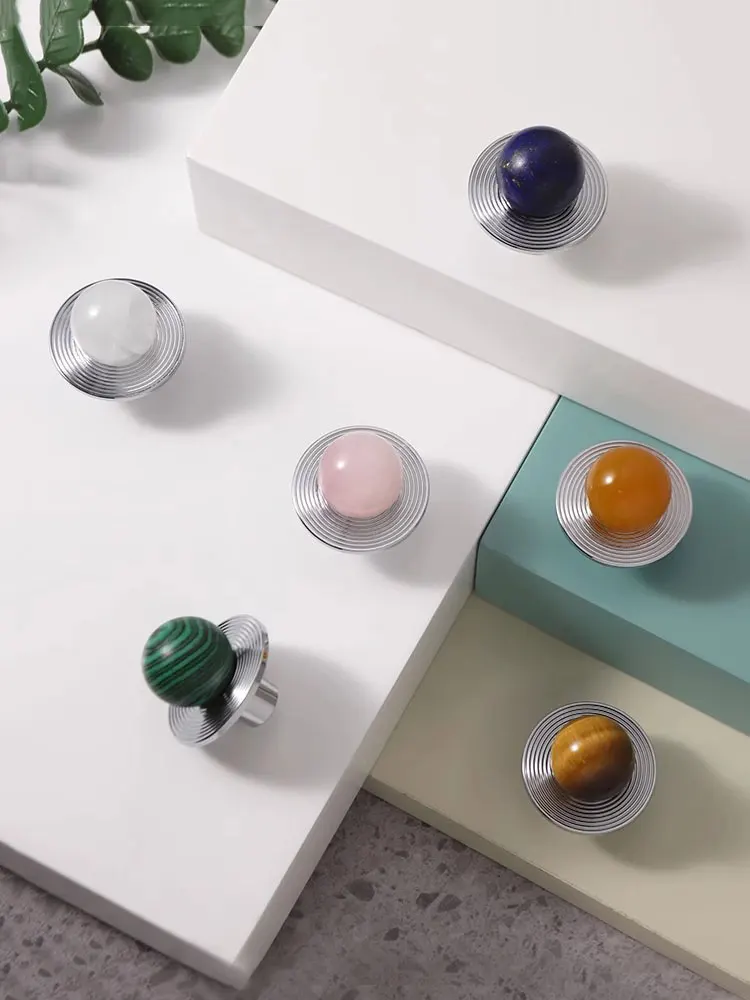 Natural Jade with Brass Cabinet Handles Creative Decor Wardrobe Pulls Elegant Pink White Stone Drawer Knobs Bright Chrome Base