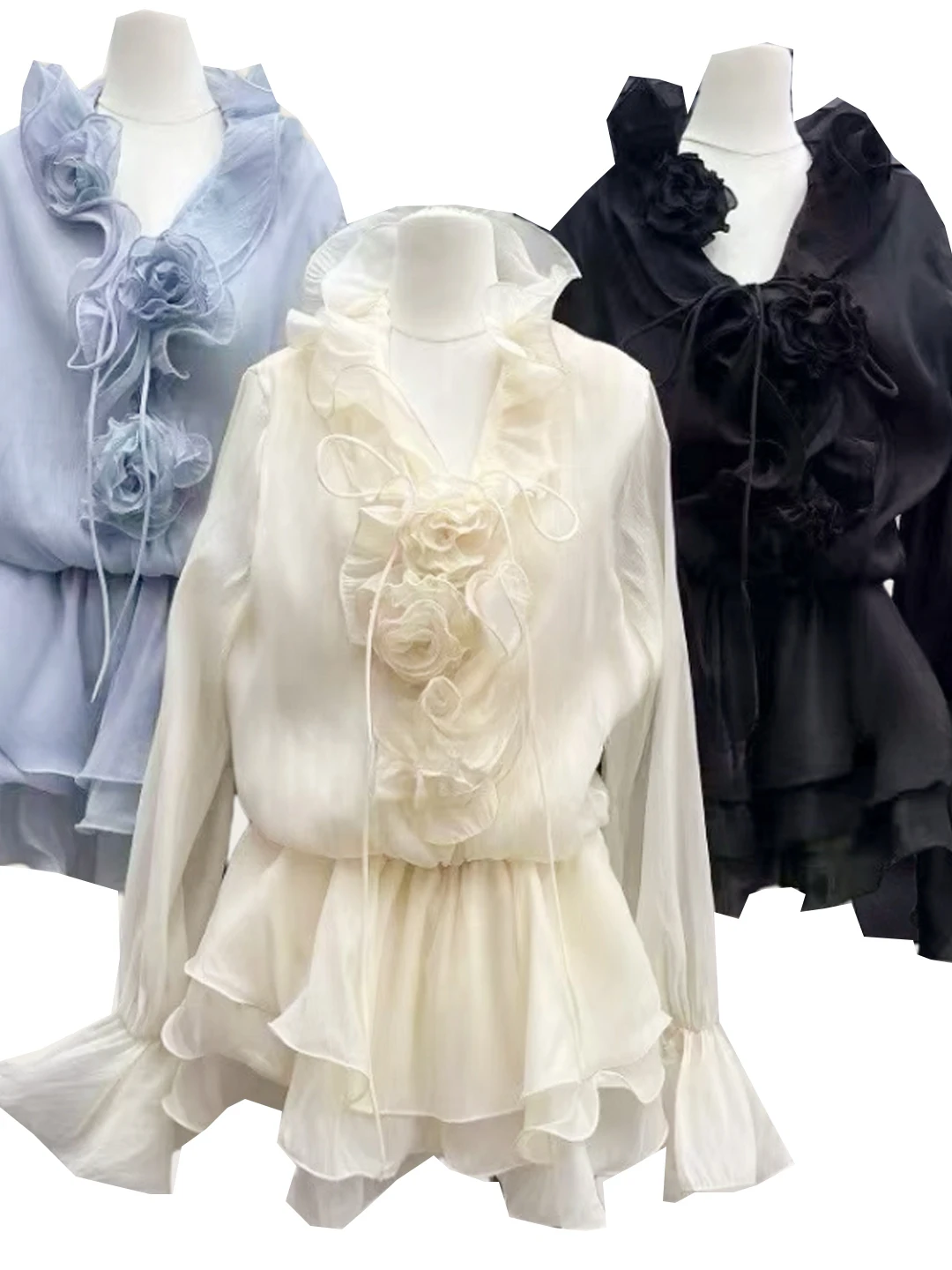 Süße Fee V-Ausschnitt Blumenspitze Bell Sve Midi Dr Koreanische Sle Geraffte Taille Lange Sve Sommer Dr für junge Frauen