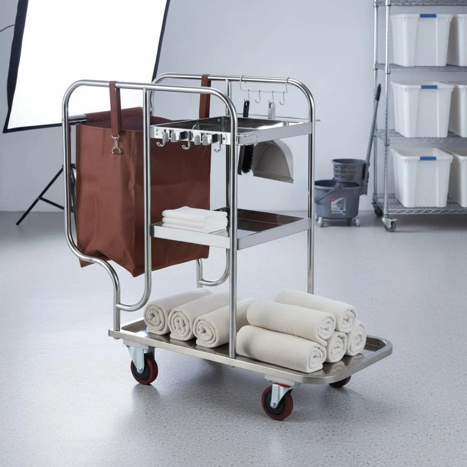 

Stainless Steel Janitorial Cart Sturdy Duty Business Cleaning Pushcart Utility Cart with Wheels Large Capacity for Housekeepers