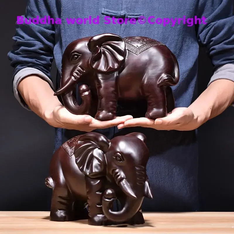 A PAIR # Large GOOD HOME Spiritual efficacious Mascot lucky Auspicious propitious elephant Handmade Rosewood Wood carving statue