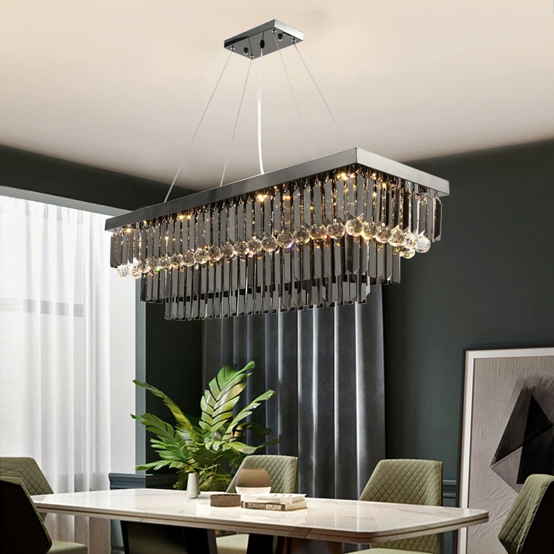 

Black modern crystal chandelier for dining room rectangle kitchen island smoky gary cristal lamp luxury home decor hanging light