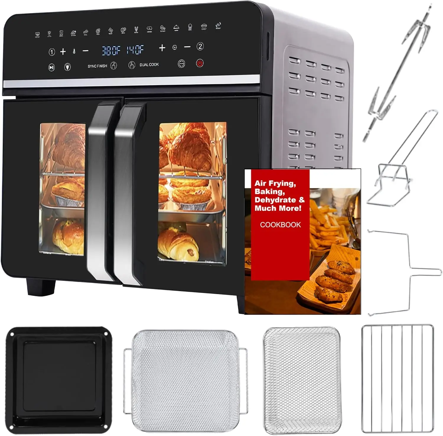 24Qt Large Air Fryer Toaster Oven - 15 Functions, Dual Zone Control, Stainless Steel, 13 Accessories & Cookbook