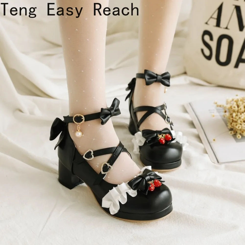 Girls' Mary Jane Lolita Single Shoes Ladies Platform Cute Bow Lace Princess Shoes Party High Heel Buckle Women Pumps Pink 32-46