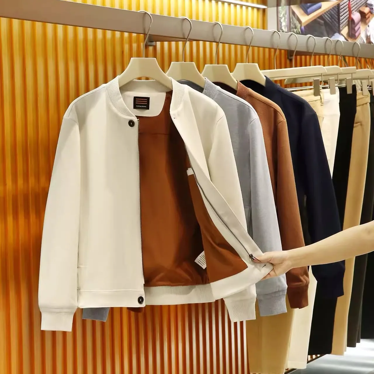 

Silk Wool Men's Baseball Collar Pilot Jaet Old Money Sle Long Sve Zipper Closure Stand Fit Youth Faion