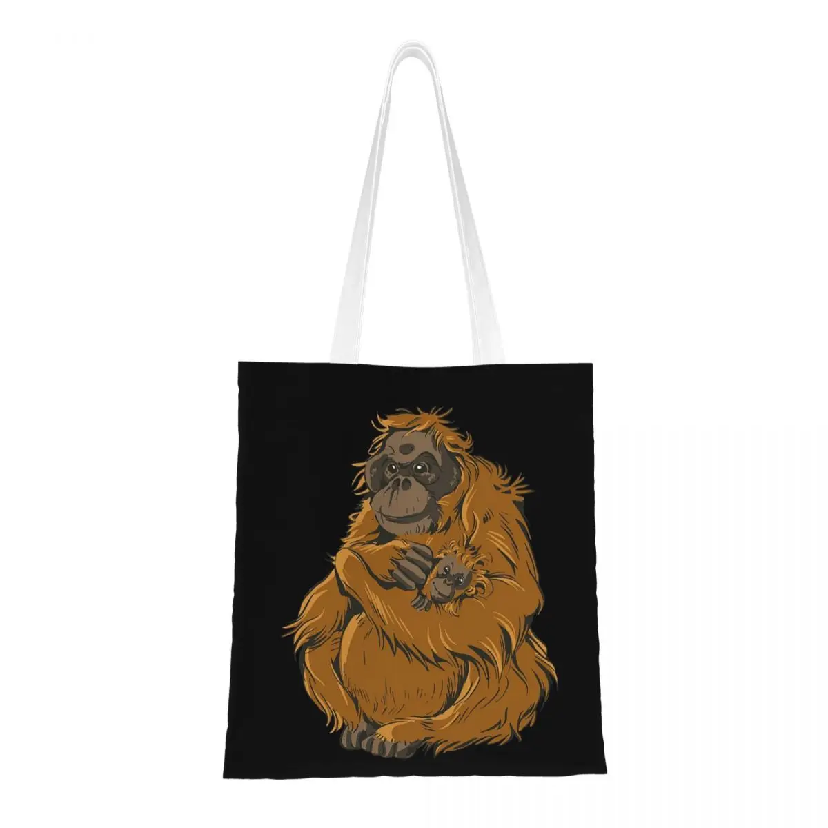 กระเป๋าช้อปปิ้งลายครอบครัวลิงอุรังอุตัง ผ้าแคนวาส กระเป๋าสะพายข้างพับได้สำหรับผู้หญิง กระเป๋าถือสำหรับเดินทาง