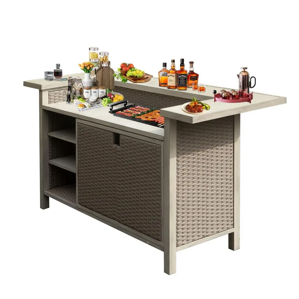 

Patio Bar Table, Outdoor Aluminum PE Wicker Bar Cart with Cabinet, All Weather Use Storage Patio Cabinet for Patio Kitchen or B
