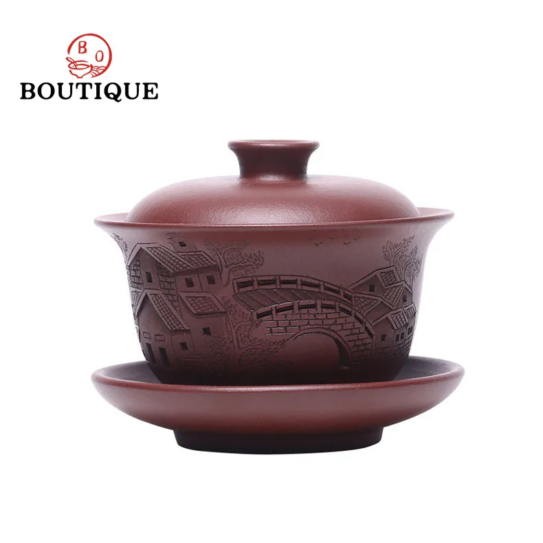 

170ml Yixing Purple Clay Gaiwan Teacup Handmade Landscape Ceramics Tea Tureen Bowl Chinese Retro Teaware Accessories Drinkware