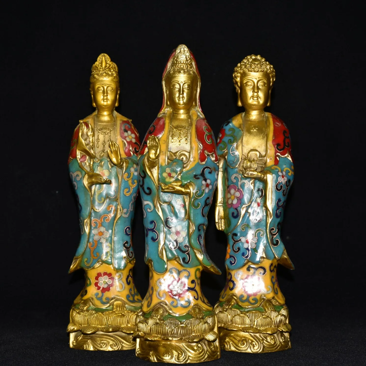 

11"Tibetan Temple Collection Old Bronze Cloisonne Enamel Three Sages Standing Buddha set Shakyamuni Guanyin Worship Hall